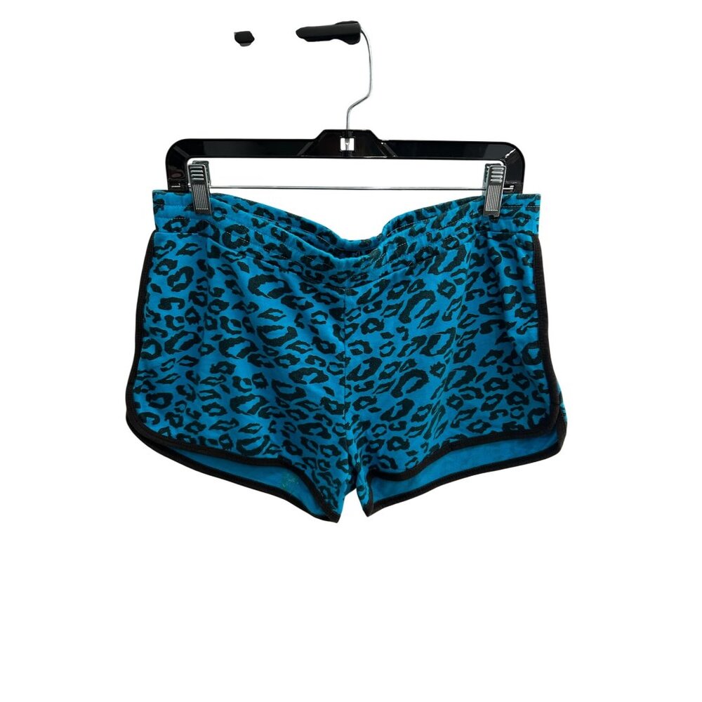 Dots Blue Leopard Print black Trim Shorts Elastic Waist Shorts Size L Casual